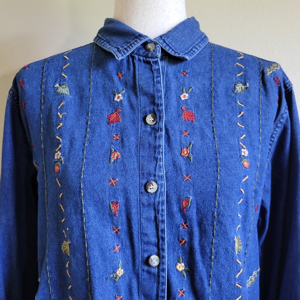 Casey & Max | Vintage Leaf & Floral Tie Waist Denim Button-up